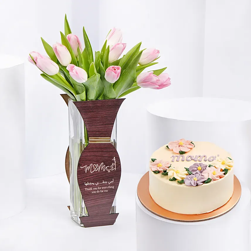 Ummi Janha Pink Tulips Arrangement And Cake: Flowers & Cakes for Mothers Day