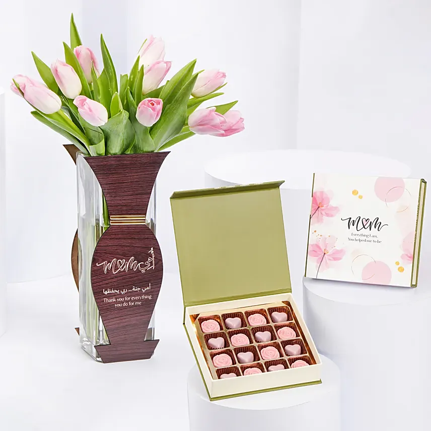 Ummi Janha Pink Tulips Arrangement And Chocolates: Flowers and Chocolates for Mothers Day