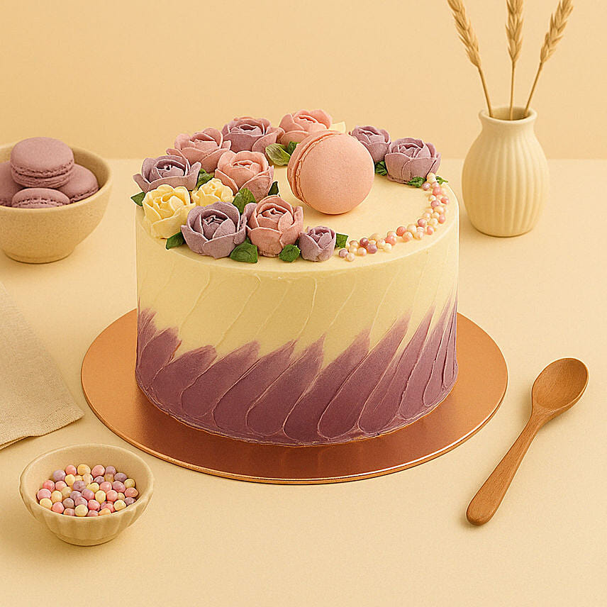 Flowers And Macaroon Chocolate Cake: Cake Delivery in Abu Dhabi