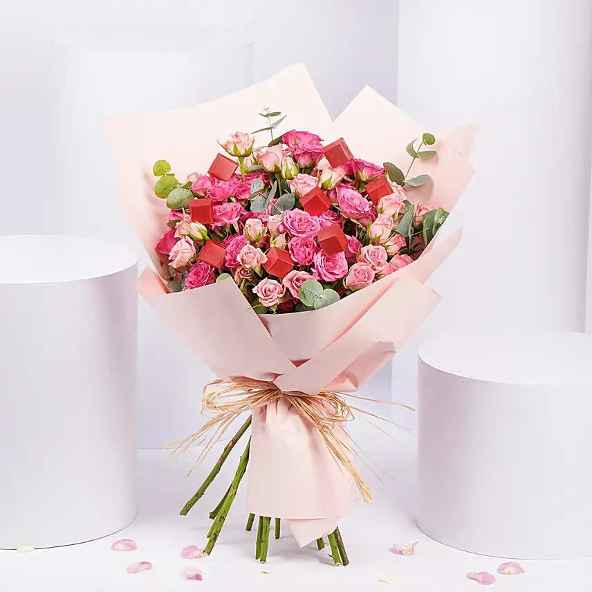 Blushing Pink Spray Roses With Chocolates: Women's Day Gifts