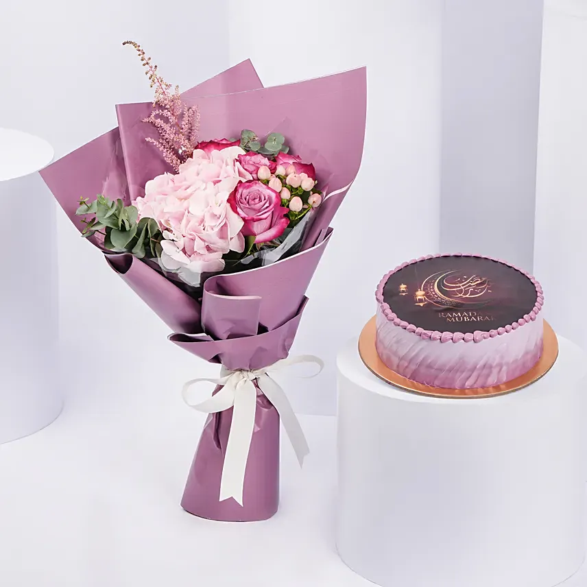 Purple Collection Ramadan Flowers WIth Cake: Ramadan Gift Ideas