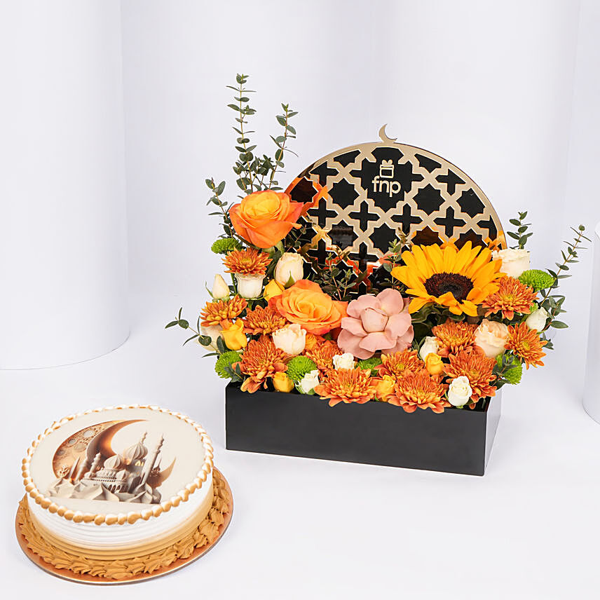 Ramadan Happiness Flowers and Cake Combo: Gifts Combos 