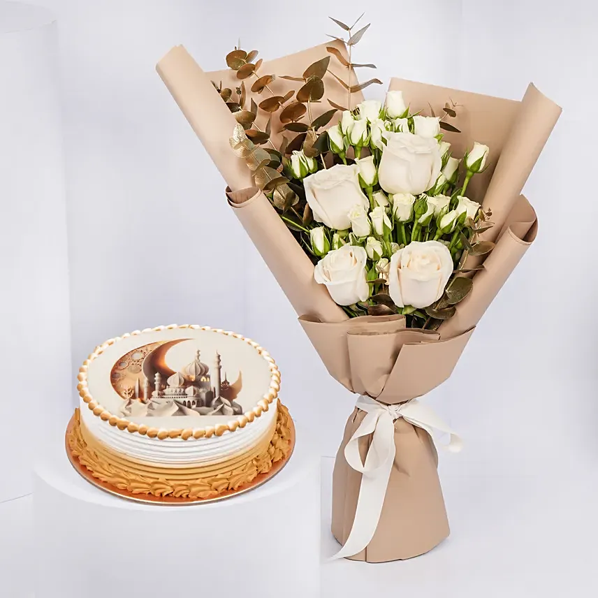 Blessed Ramadan White Flowers Bouquet with Cake: 