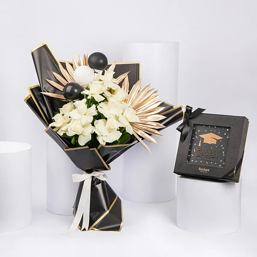 Graduation Flower Bouquet With Bostani Box: White Roses 