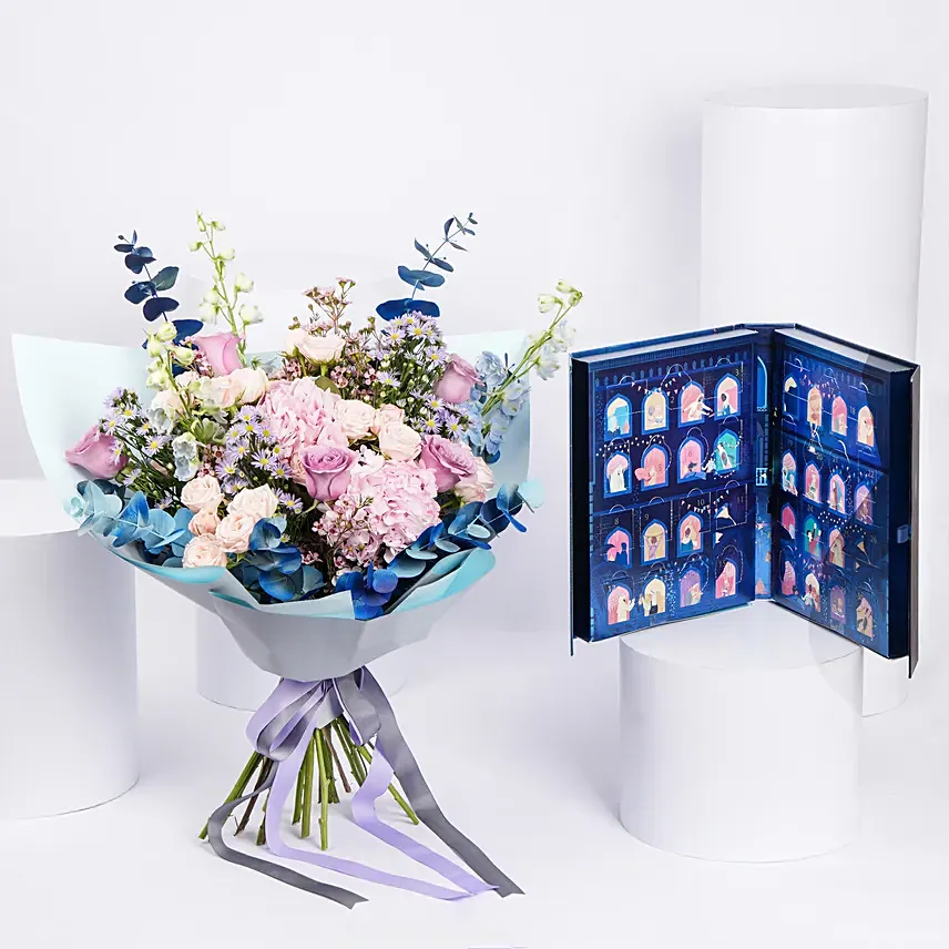 Indigo Floral Ripples Bouquet with Bostani Box: Flower Bouquets