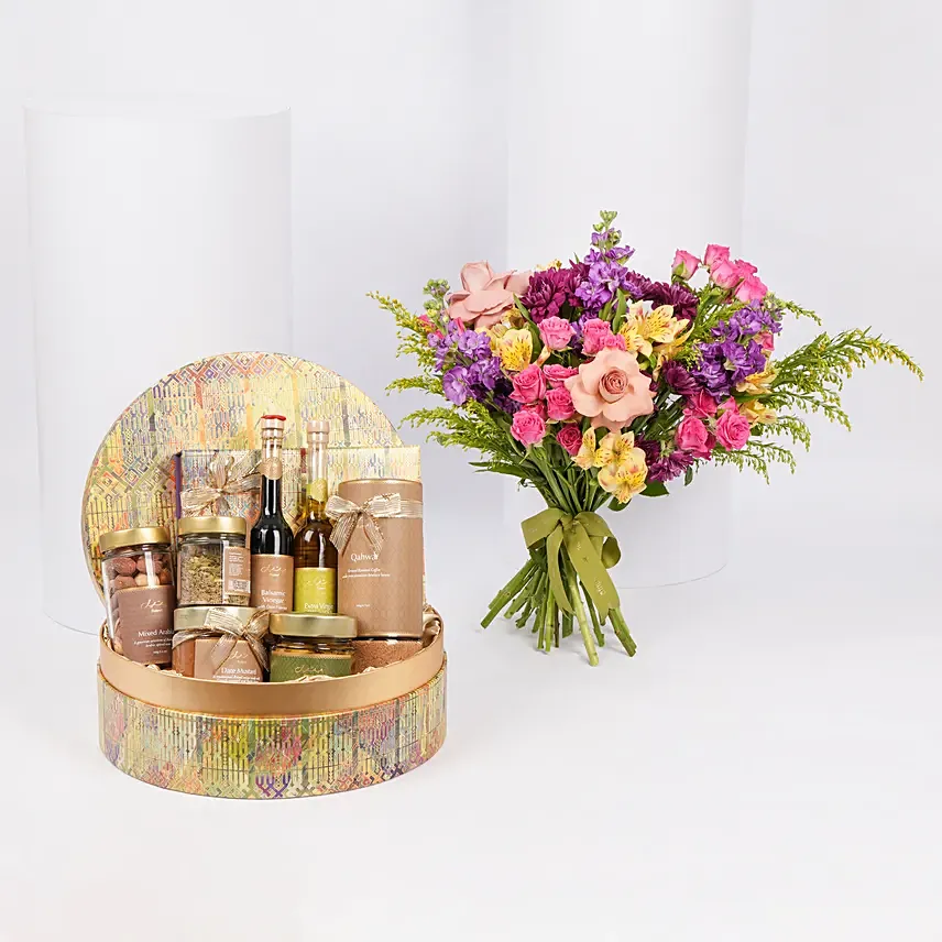 Bateel Nura Hamper and Hand Bouquet: Flower Arrangements 