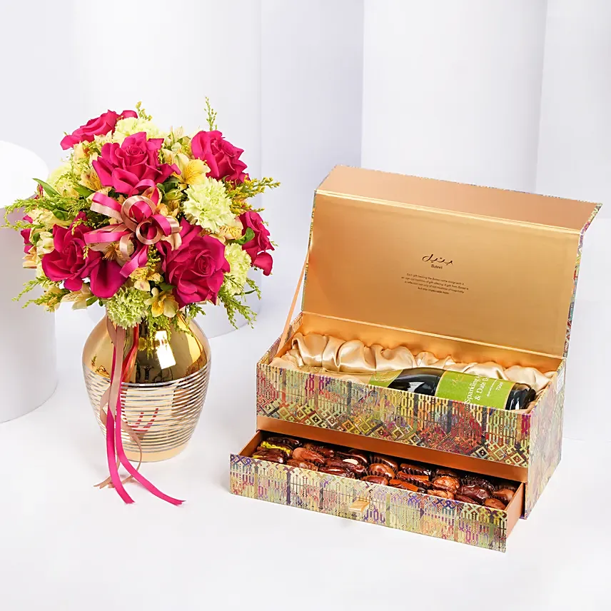 Bateel Nura Sparkling Gift Set With Flowers: Anniversary Gift Hampers