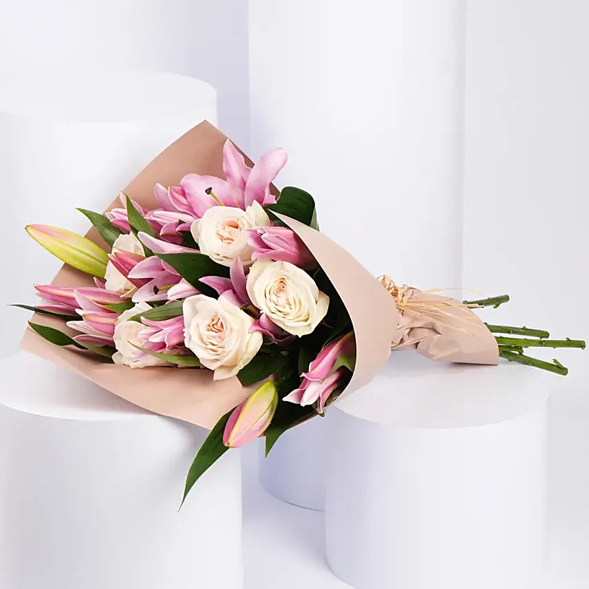 Pink Liilies and Ohara Roses Fragrant Ripples Bouquet: Mother's Day Gifts 2024