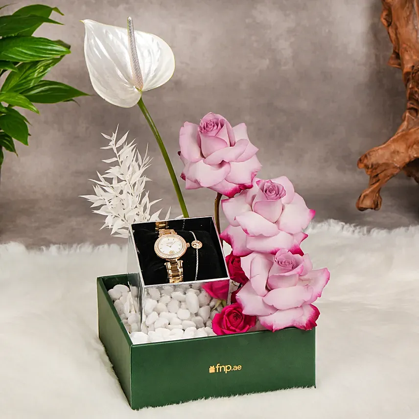 Best Wishes with Versus Watch & Blacelet with Flowers: Eid Gift Ideas