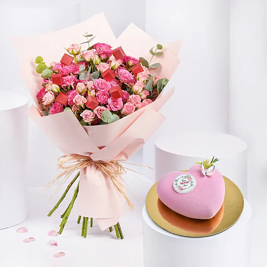 Blushing Pink Bouquet With Cake: Flowers & Cakes for Mothers Day