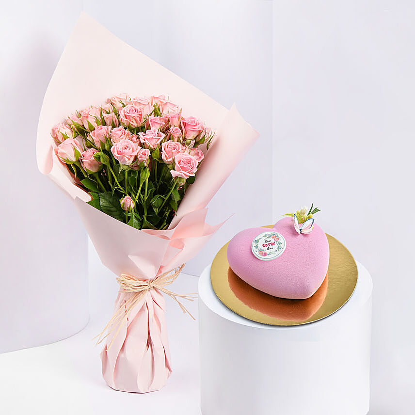 Pink Spray Roses And Cake: Happy Mothers Day Cake