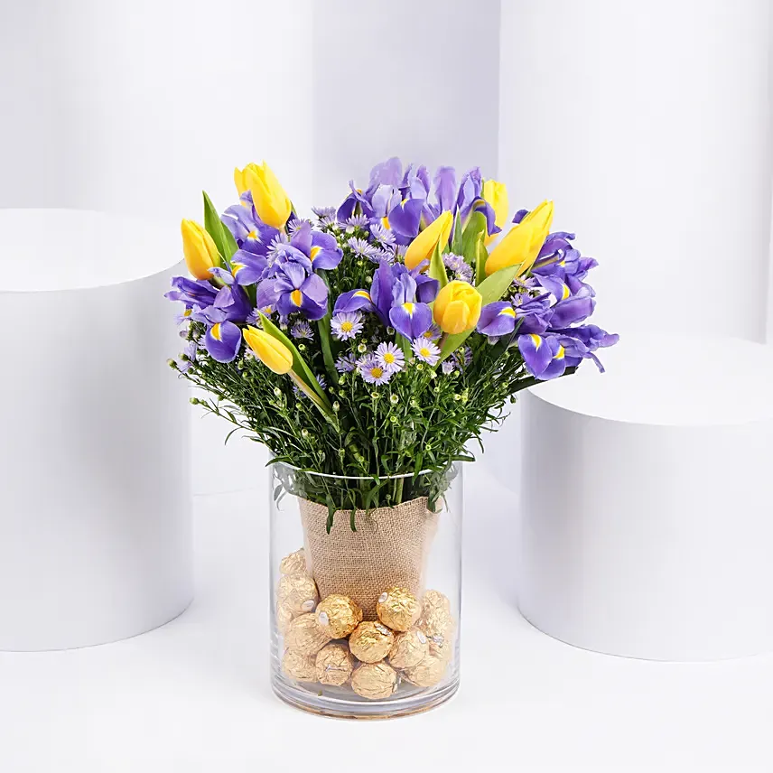 Feb Birthday Flower Iris & Tulips with Rochers: Flowers and Chocolates 