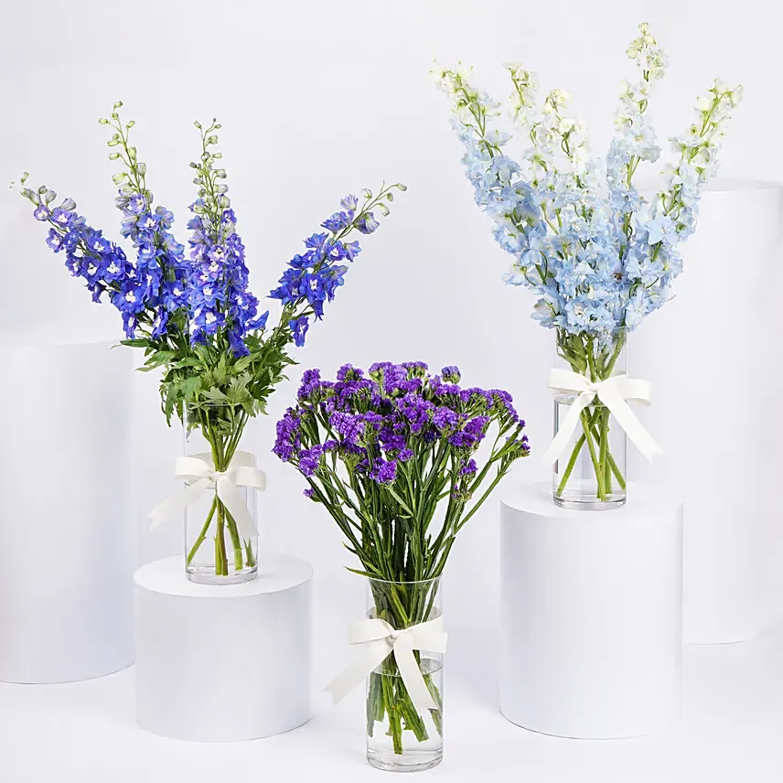 Ripple Of Blue Flowers Vases Trio: Flower Delivery In Ajman