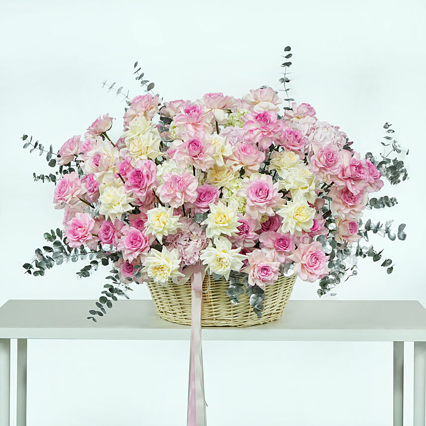 Abundance of Roses and Hydrangeas Basket: Anniversary Basket Arrangements