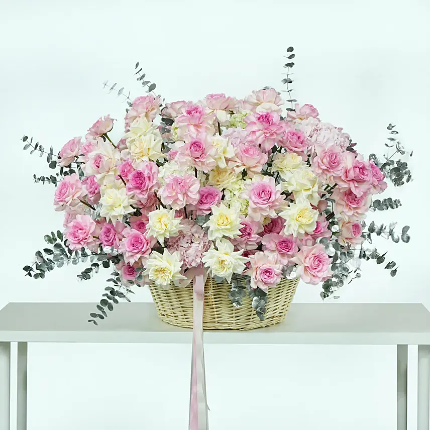 Abundance of Roses and Hydrangeas Basket: Birthday Flowers to Abu Dhabi