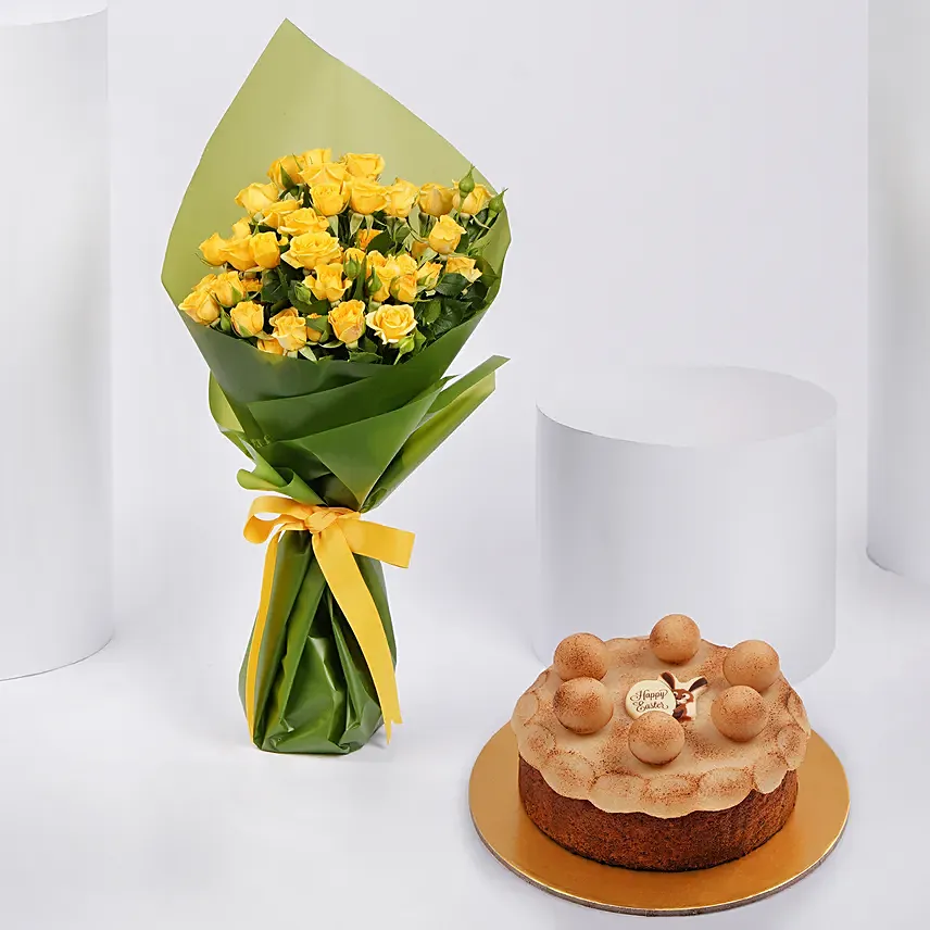 Simnel Cake And Yellow Spray Roses: Easter Flower Delivery