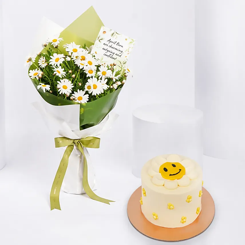 April Birthday Daisy Bouquet and Cake: White Flowers Bouquet