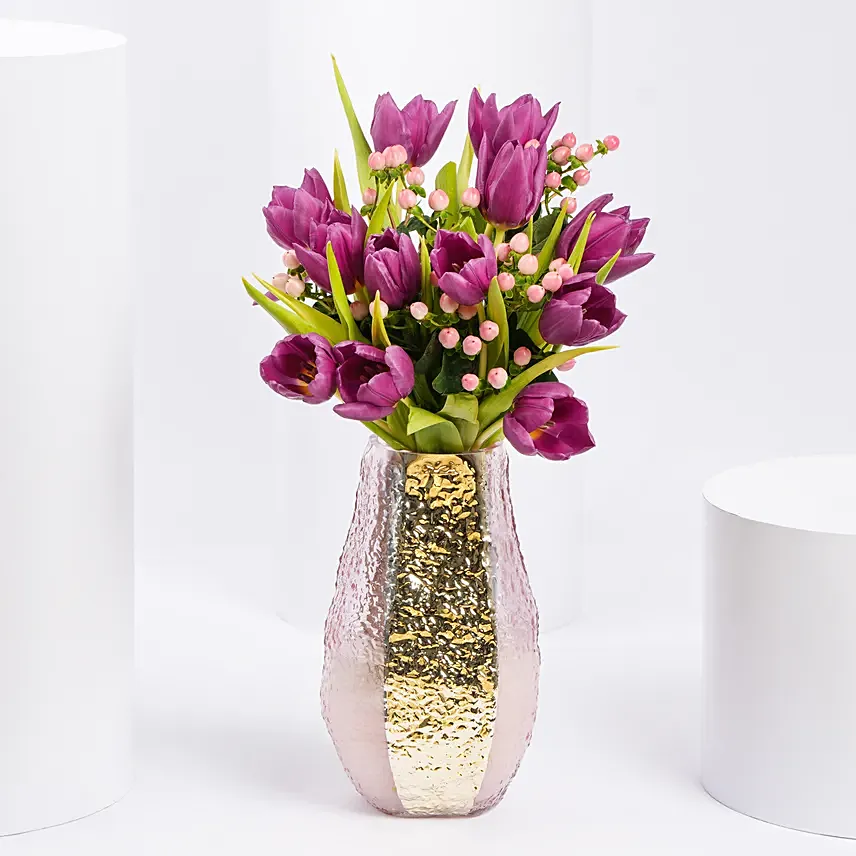 Tulips and Hypericum in Premium Vase: Tulip Flowers Bouquet