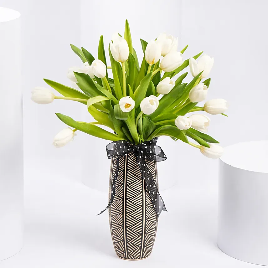 White Tulips in Designer Vase: Mothers Day Flowers 2024