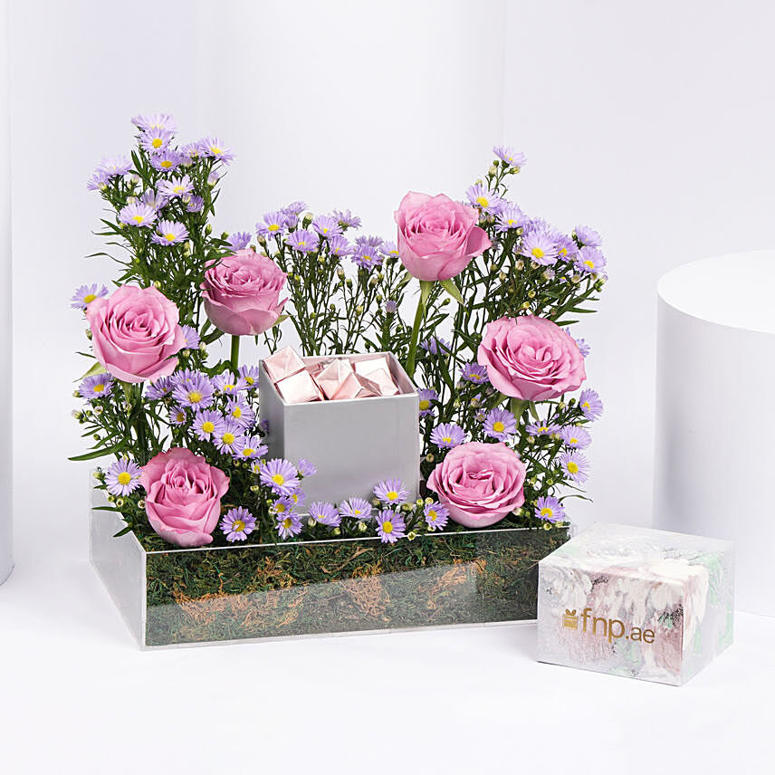Purple Flowers Beauty and Chocolates: Women's Day Gifts