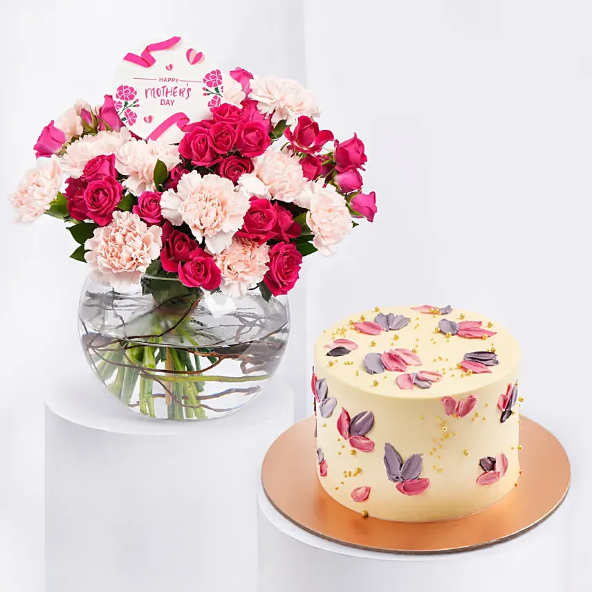 Mothers Day Flowers in Fish Bowl N Cake: Womens Day Combos