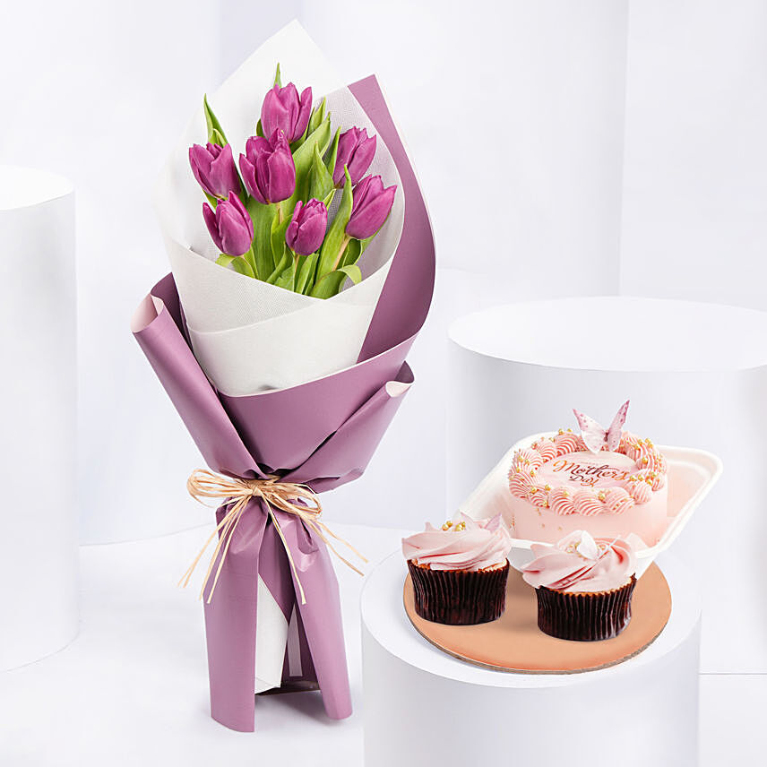 Purple Tulips and Bento Cake Combo: Flower Delivery Mothers Day