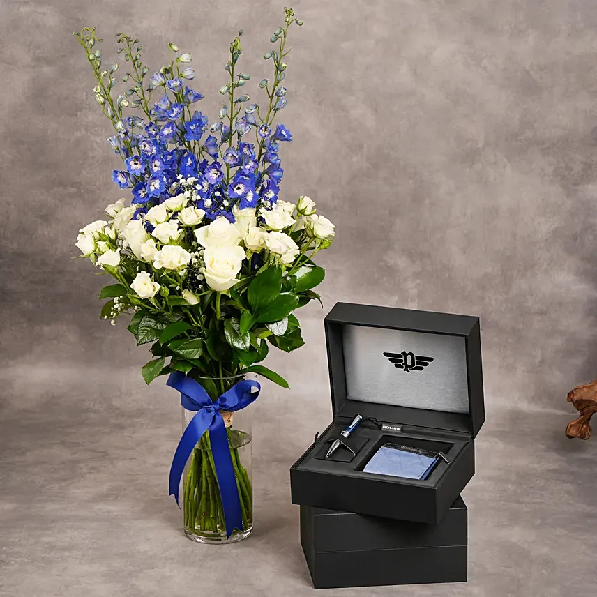 Police Wallet And Accessories Gift Set With Flowers For Him: Flowers Delivery Ras Al Khaimah