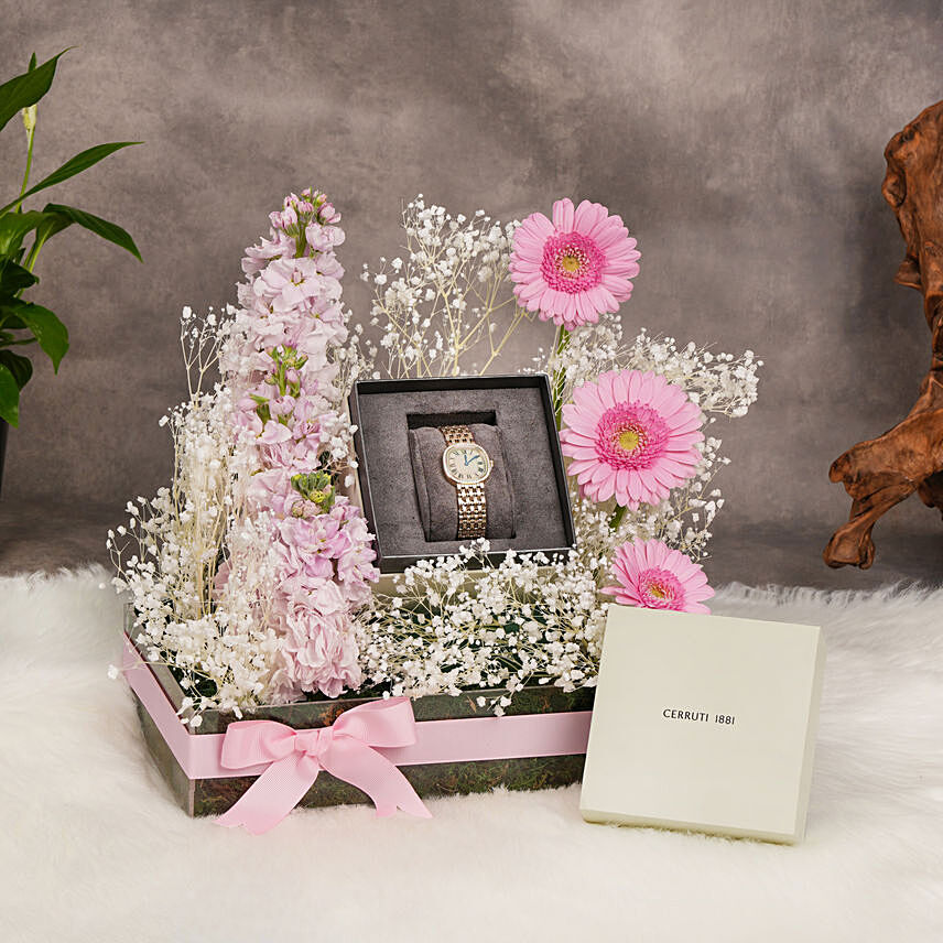 Gerbera Floral Arrangement And Cerruti Timepiece: Womens Day Gift Hampers