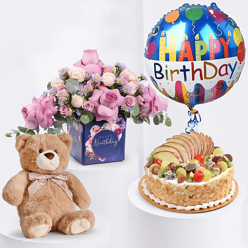 Birthday Surprise Combo: Birthday Flowers & Teddy Bears