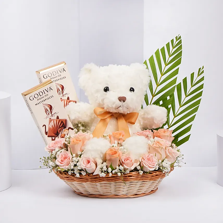 Exquisite Surprise Arrangement with Godiva Chocolates: Flowers and Teddy Bears 
