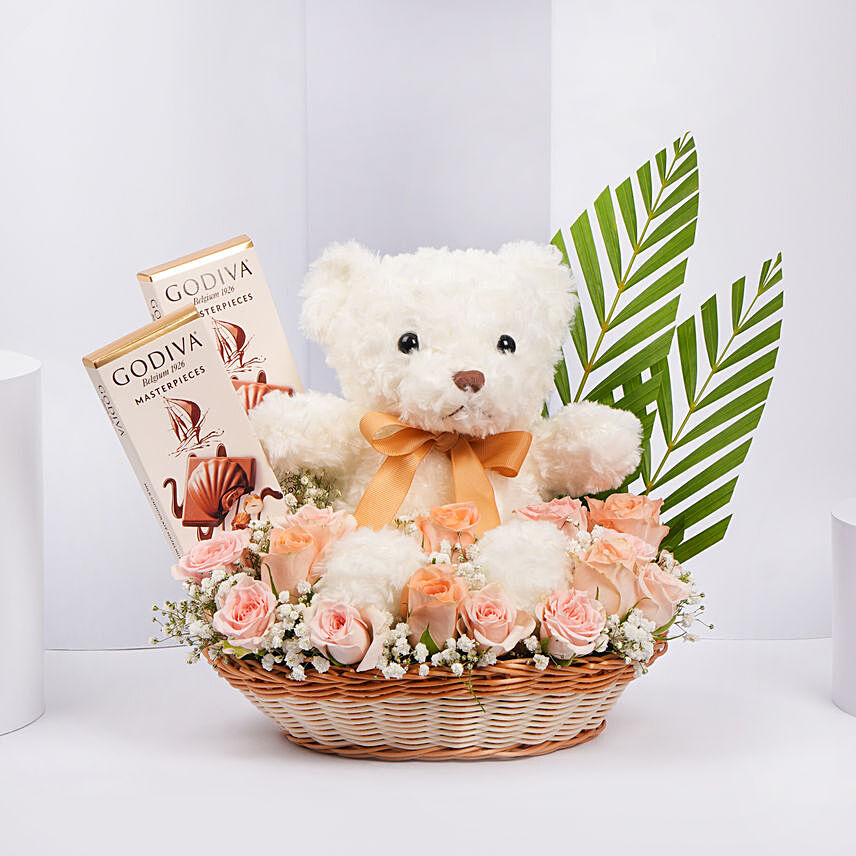 Exquisite Surprise Arrangement with Godiva Chocolates: Basket Arrangements 