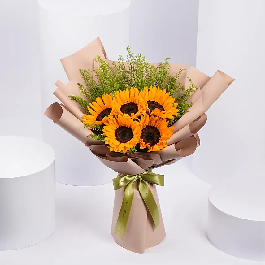 Ravishing Sunflowers Beautifully Tied Bouquet: Sunflowers Bouquets 