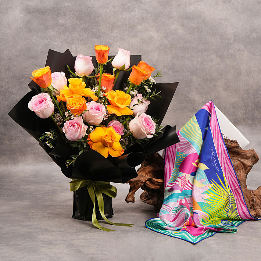 بوكيه ورد جميل مع وشاح حريري بألوان حيوية: تنسيقات هدايا جديدة