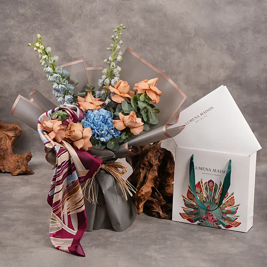 The Palm 100% Silk Scarf By Lumena Maison With Bouquet: 