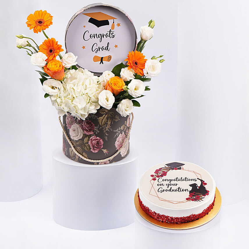 Graduation Flowers Combo In Box With Cake: Gifts Delivery in Ajman