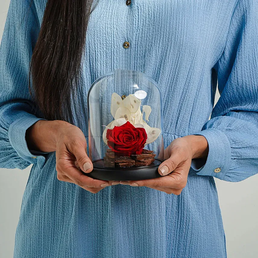 Red Forever Rose In Glass Dome: Karwa Chauth Flowers 