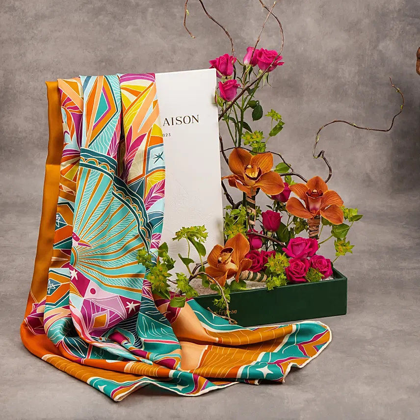 Life Hayeti 100% Silk Scarf By Lumena Maison With Flowers: 