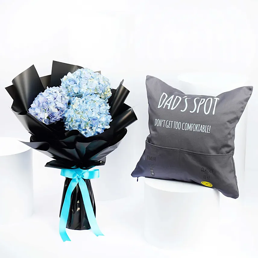 Hydrangea Bouquet With Dad Cushion: Father's Day Flowers