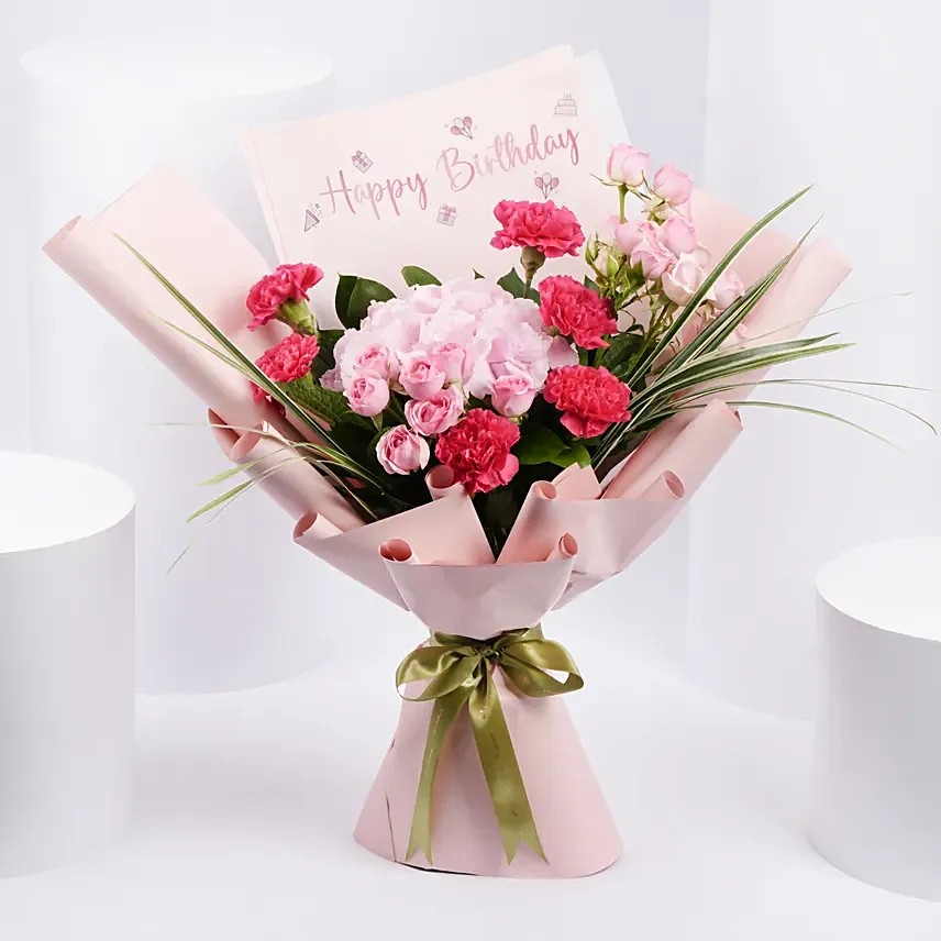 Birthday Wishes Pink Flowers Bouquet: Flower Arrangements