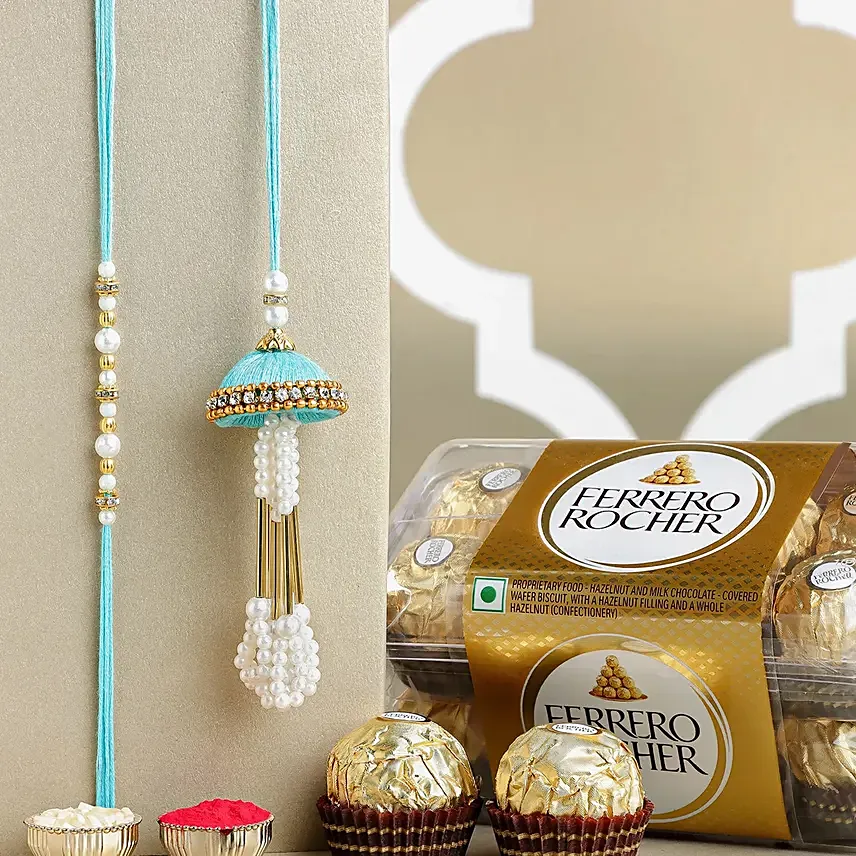 Enchanted Stone Work Lumba Pearl Rakhi Set With Choco Combo: Lumba Rakhi