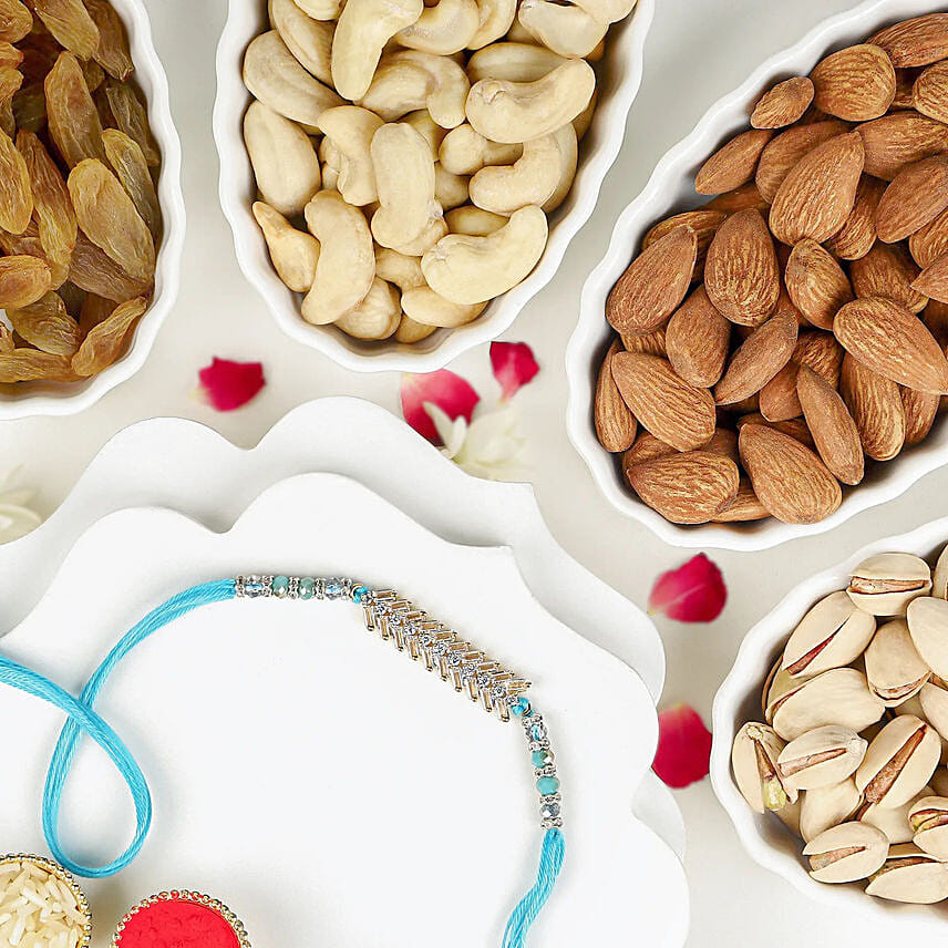Glittering Grandeur Rakhi N Mixed Nuts: Rakhi With Dryfruits