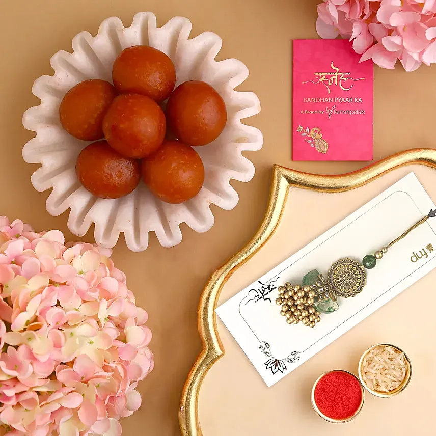 Jeweled Jade Affair Lumba N Gulab Jamun: Rakhi with Sweets