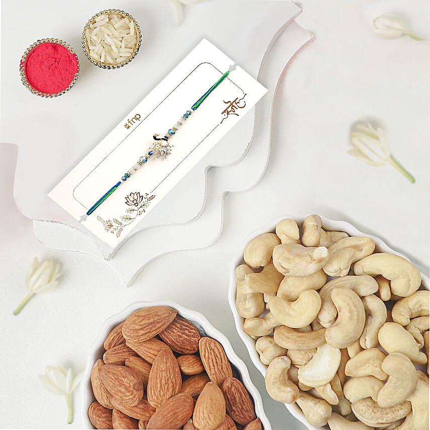 Mystic Harmony Peacock Rakhi With Cashew and Almonds: Rakhi With Dryfruits 