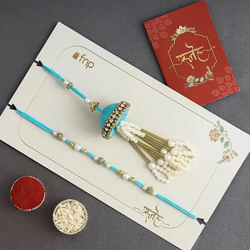 Tranquil Teal Jhumar Bhaiya Bhabhi Pearl Rakhi Set: Fancy Lumba Rakhi