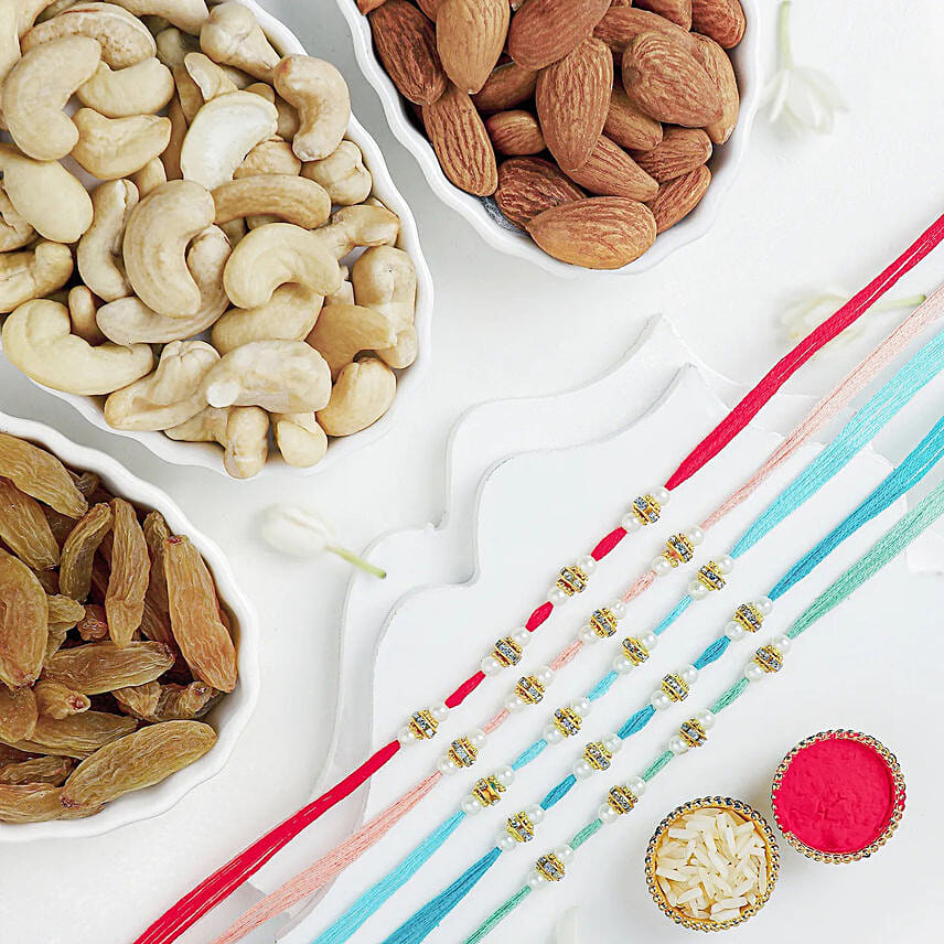 Understated Elegance Beads Rakhi Set of 5 With Mixed Nuts: Rakhi With Dryfruits 