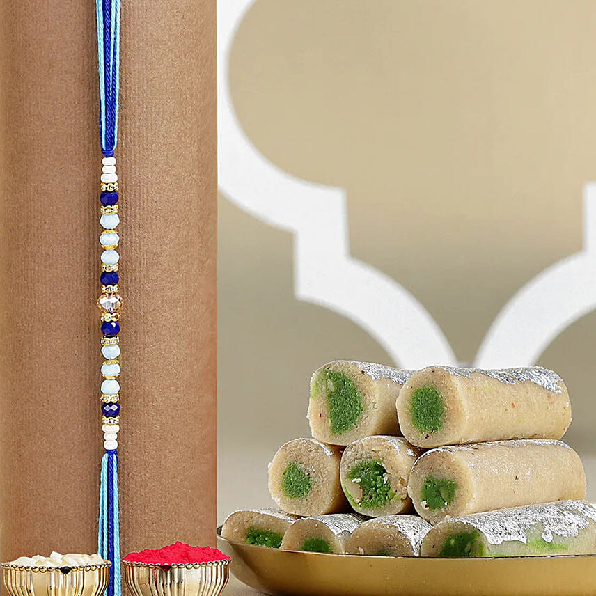 Beads of Bond Blue Rakhi N Kaju Roll: Pearl Rakhi