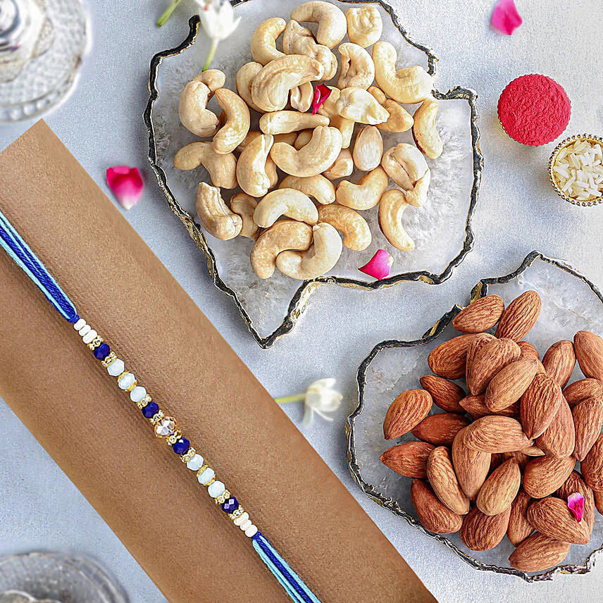 Beads of Bond Blue Rakhi With Almonds and Cashew: Pearl Rakhi
