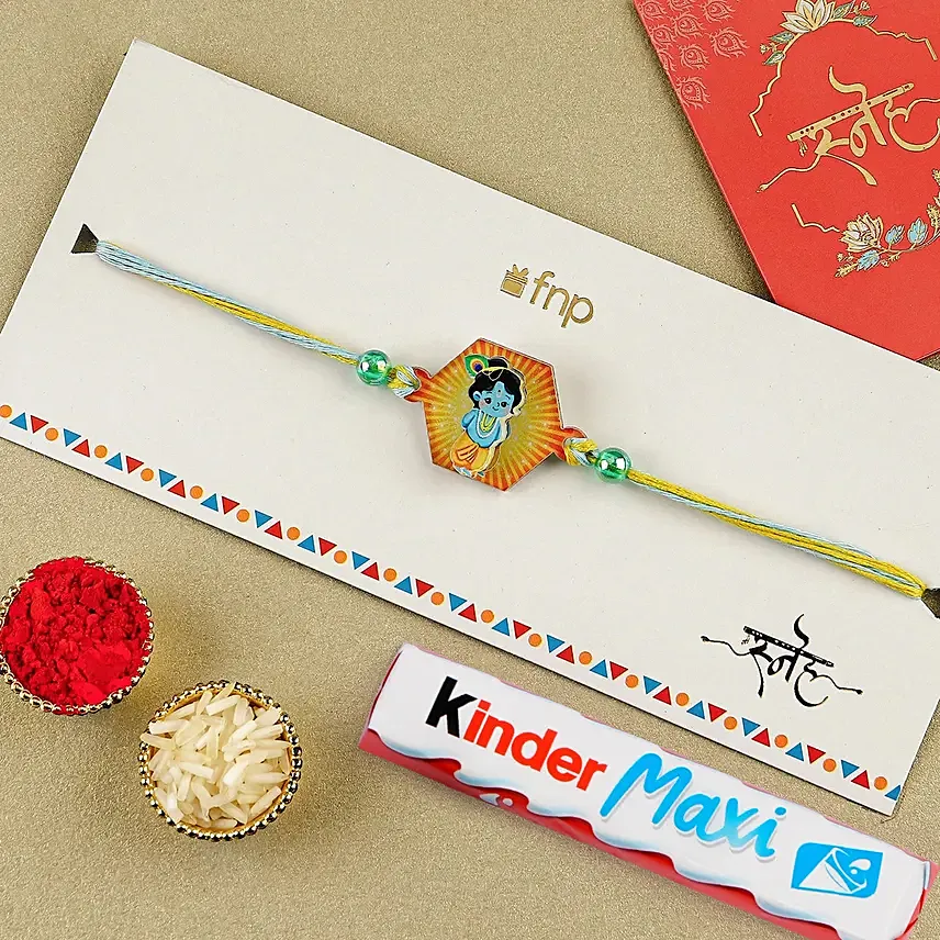 Enchanting Love in 3D Krishna Rakhi N Kinder Joy: Rakhi With Chocolates 