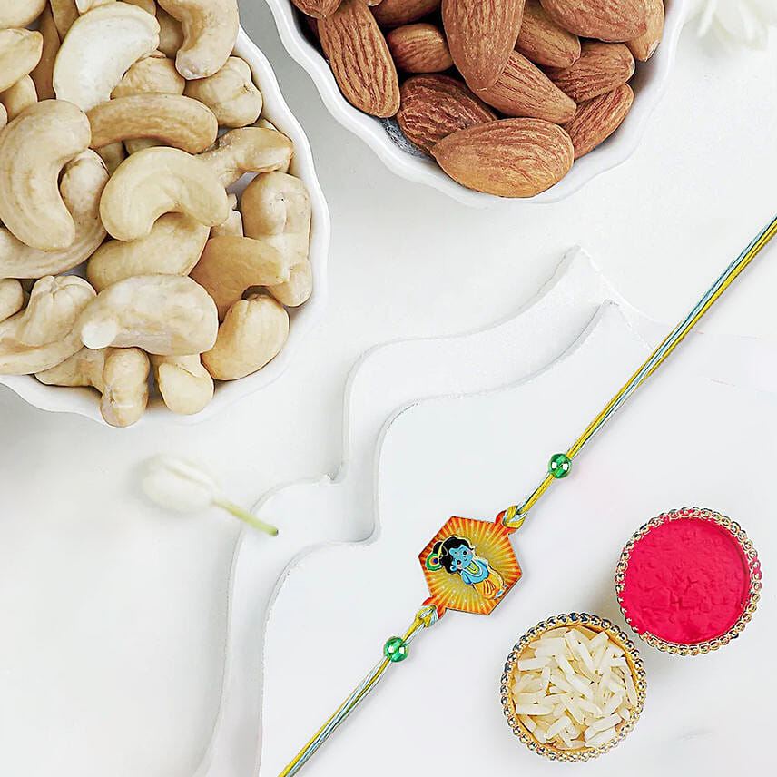 Enchanting Love in 3D Krishna Rakhi With Almonds and Cashew: Rakhi With Dryfruits