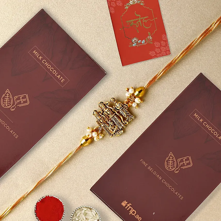 Ethereal Embrace Ram Darbar Rakhi N Milk Chocolate Bar: Rakhi With Chocolates